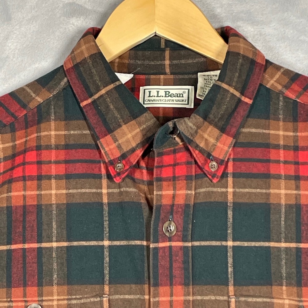 LL Bean Chamois Cloth Shirt Mens Large Tall Red Green Brown Plaid Button Down - Picture 2 of 8